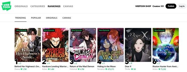 웹툰(WEBTOON) 영어 서비스 '친애하는X' 순위 화면 캡처.