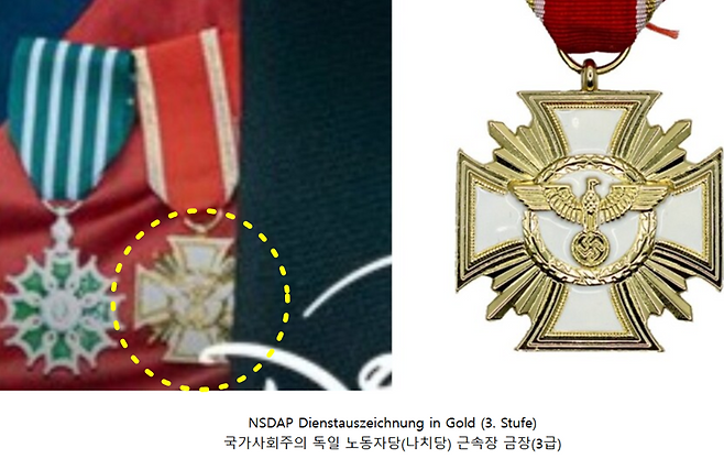 드라마 '재혼황후' 스틸컷 속 배우 주지훈이 착용한 훈장과 나치 금장 근속훈장을 비교한 사진. /사진=X 캡처