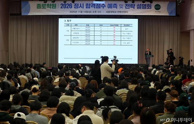 [서울=뉴시스] 김혜진 기자 = 14일 서울 광진구 세종대 컨벤션센터에서 열린 종로학원 2026 정시 합격점수 예측 및 전략 설명회에서 학부모들이 입시자료를 살펴보고 있다. 2025.11.14.   /사진=김혜진