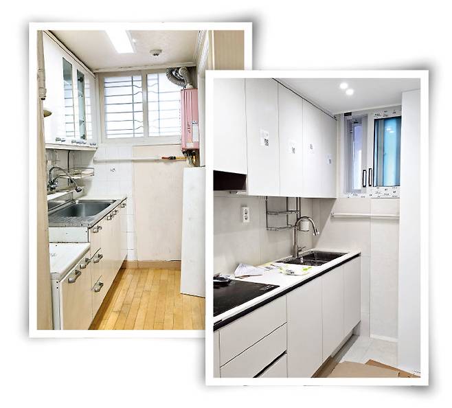 서울 서대문구에 있는 27년 차 아파트 주방을 ‘반셀프 인테리어’로 바꾸기 전(왼쪽)과 후 모습. 독자 제공&nbsp;