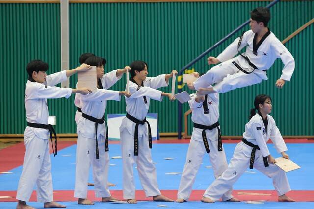 제21회 무주 웰빙 태권도 축제 참가 선수들이 경연을 펼치고 있다. 조현욱 기자