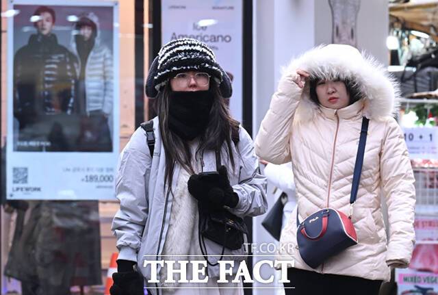 서울 아침 기온이 2도까지 떨어지며 초겨울 날씨를 보인 17일 서울 명동 거리를 찾은 외국인들이 패딩과 모자와 목도리 등으로 중무장한 채 걸음을 옮기고 있다. /이새롬 기자