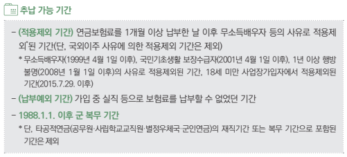 국민연금 가입자는 연금보험료 납부 이후의 적용제외 기간, 가입 중 실직 등으로 보험료를 납부할 수 없었던 기간, 1988년 이후 군 복무 기간에 대해 최대 119개월까지 추납을 신청할 수 있다. [국민연금 제공]