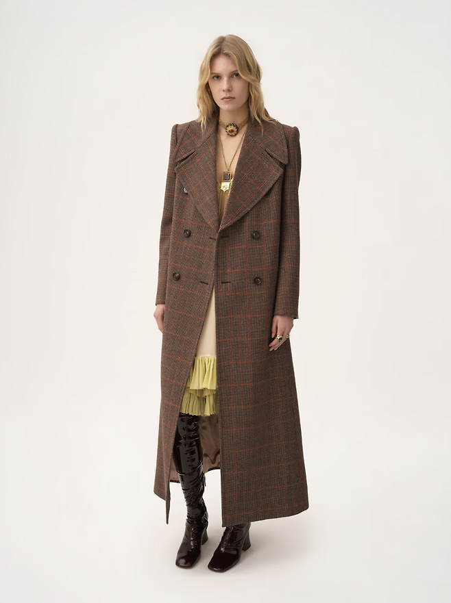 체크 울 롱 더블 브레스티드 코트