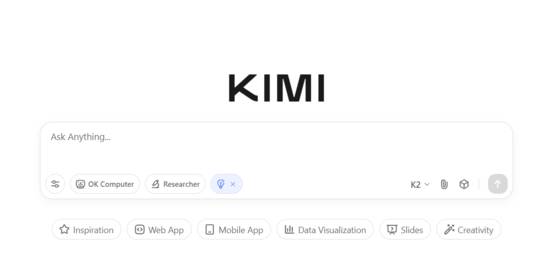 중국 AI 스타트업 문샷AI가 지난 6일 공개한 대형언어모델(LLM) ‘키미 K2 씽킹’(Kimi K2 Thinking)를 기반으로 제공하는 AI 챗봇 서비스. 사진 KIMI 홈페이지 캡처