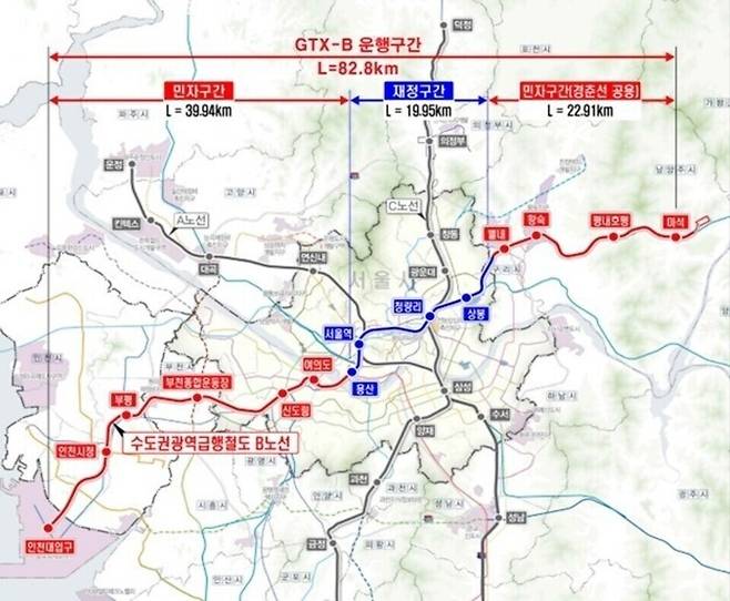 ▲ GTX-B 노선도. /자료=인천시