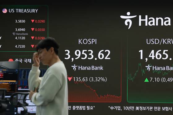 18일 서울 중구 하나은행 본점 딜링룸에서 딜러가 업무를 보고 있다.   이날 코스피는 전장보다 3.32% 내린 3953.62에 장을 마감했다. 연합뉴스