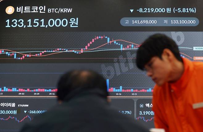 비트코인이 하락을 거듭하며 7개월 만에 9만 달러선이 붕괴한 18일 서울 강남구 빗썸라운지에 설치된 전광판에 비트코인 시세가 표시되고 있다. /사진=뉴시스