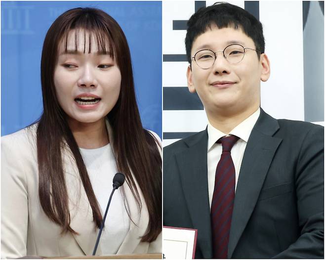 김예지 국민의힘 의원이 지난 17일 자신을 겨냥한 차별과 장애인 비하성 발언을 한 같은당 박민영 미디어 대변인을 고소했다. 사진은 지난 6일 김 의원이 서울 여의도 국회 소통관에서 국제 정신장애인 단체 TCI-Global 공동성명 기자회견하는 모습과 지난 9월16일 박 대변인이 서울 여의도 국회에서 열린 신임 대변인단 임명장 수여식에서 장동혁 국민의힘 대표에게 임명장을 수여받는 모습. /사진=뉴시스