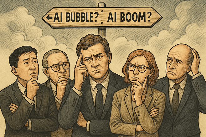 AI 거품론과 낙관론을 두고 투자자들이 고민하는 모습. [챗GPT로 구현한 이미지]