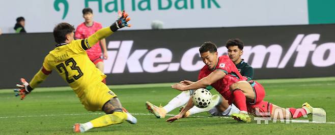 조규성(오른쪽)이 넘어지면서 슈팅하고 있다. /사진=뉴시스