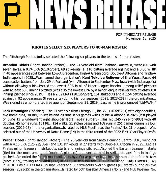 (피츠버그가 19일 배포한 구단 보도자료)