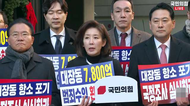 나경원 국민의힘 의원이 19일 당 지도부와 함께 ‘대장동 개발비리’ 남욱 변호사가 추징보전 해제를 요구한 서울 강남구‘청담동 건물’을 찾아 발언하고 있다.<유튜브 ‘국민의힘TV’ 영상 갈무리>