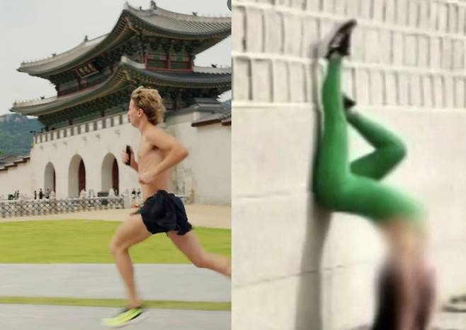 경복궁 인근에서 상의를 탈의하고 러닝한 외국인(왼쪽)과 요가를 하는 외국인 (사진= 서경덕 교수팀 제공) 2025.11.19. /사진=뉴시스