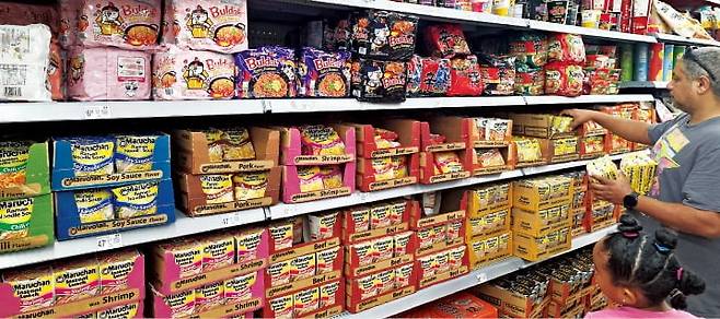 < 미국 마트에서 경쟁하는 한·일 라면 > 미국 올랜도에 있는 월마트 키시미점에 한국 라면(위쪽 칸)과 일본 라멘(아래쪽 칸)이 동시에 진열돼 있다.  올랜도=고윤상 기자