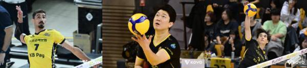 의정부 KB손해보험이 (왼쪽부터) 야쿱, 나경복, 임성진의 '레프트 공격수 3인 로테이션' 체제를 앞세워 시즌 초반 선두 질주 돌풍을 일으키고 있다. KOVO 제공