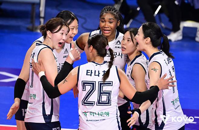 [서울=뉴시스] 여자배구 한국도로공사 선수들이 19일 화성종합실내체육관에서 열린 진에어 2025~2026 V-리그 여자부 경기에서 IBK기업은행을 상대로 득점에 성공한 뒤 기뻐하고 있다. (사진=KOVO 제공) 2025.11.19.  *재판매 및 DB 금지