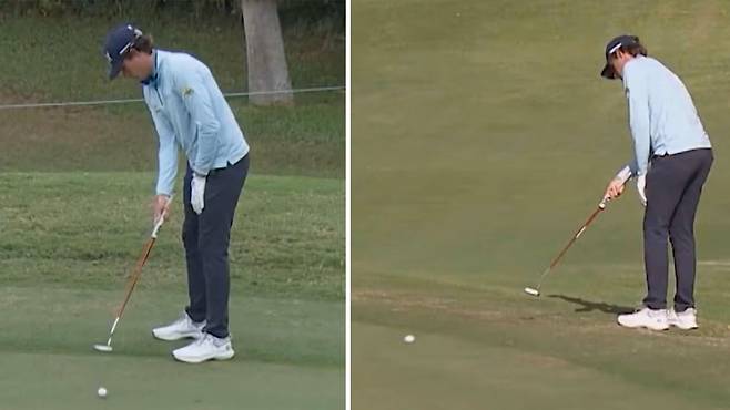 애덤 솅크가 지난 17일 끝난 PGA 투어 버뮤다 챔피언십에서 한 손으로 퍼팅을 하고 있다. PGA 투어 홈페이지 캡처