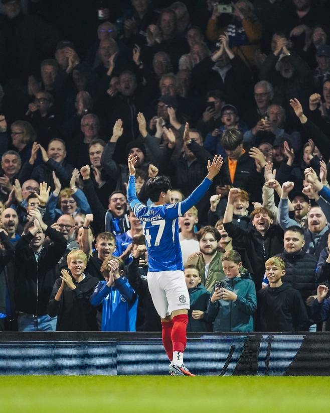 2일 왓퍼드전에서 포츠머스 데뷔골을 터뜨린 후 양민혁. 양민혁 개인 SNS