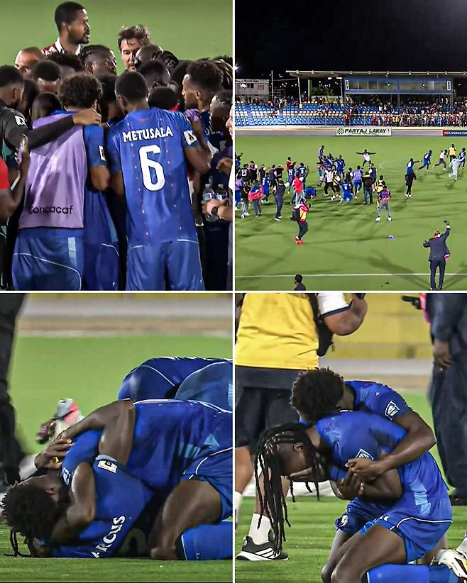 19일(한국시간) 퀴라소의 빌렘스타트에서 열린 2026 FIFA 북중미 월드컵 북중미 예선 C조 최종전 니카라과전 승리 후 휴대전화로 온두라스-코스타리카전 경기 결과를 확인하는 아이티 대표팀 선수들(사진 윗줄 왼쪽)과 52년 만의 월드컵 본선 진출이 확정되자 기뻐하는 선수들. /사진=ESPN SNS 캡처