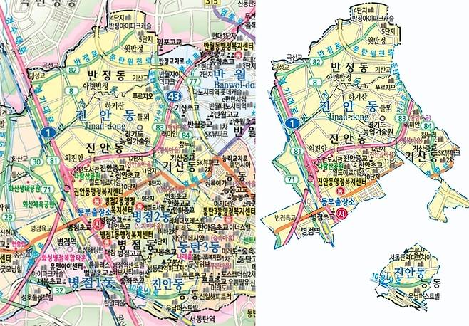 화성시 진안동 일대의 지도. 사진 왼쪽은 진안동 지역만 따로 표시해둔 사진. 사진=소송대리인, 화성시