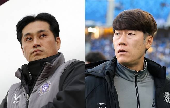 프로축구 K리그1 FC안양의 유병훈(사진 왼쪽)감독과 수원FC의 김은중 감독. 한국프로축구연맹 제공