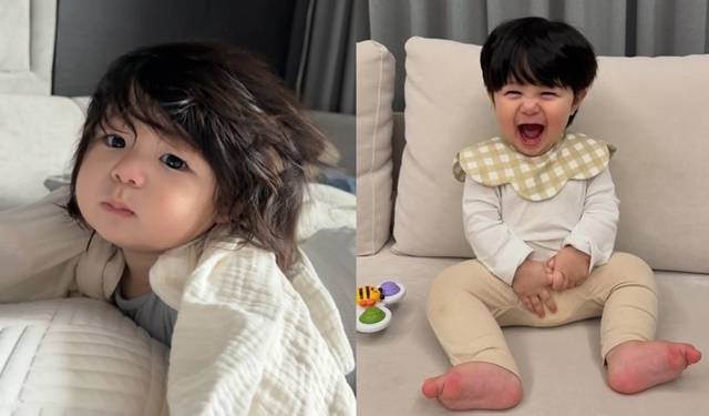 하루가 사자머리(왼쪽)스타일의 배냇머리를 자르고 더욱 똘망똘망해졌다. 사진=사야 SNS