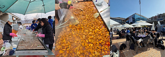 이틀 동안 약 300kg의 닭갈비가 무료로 제공되었다. 지역 먹거리를 즐기고 있는 학생들.