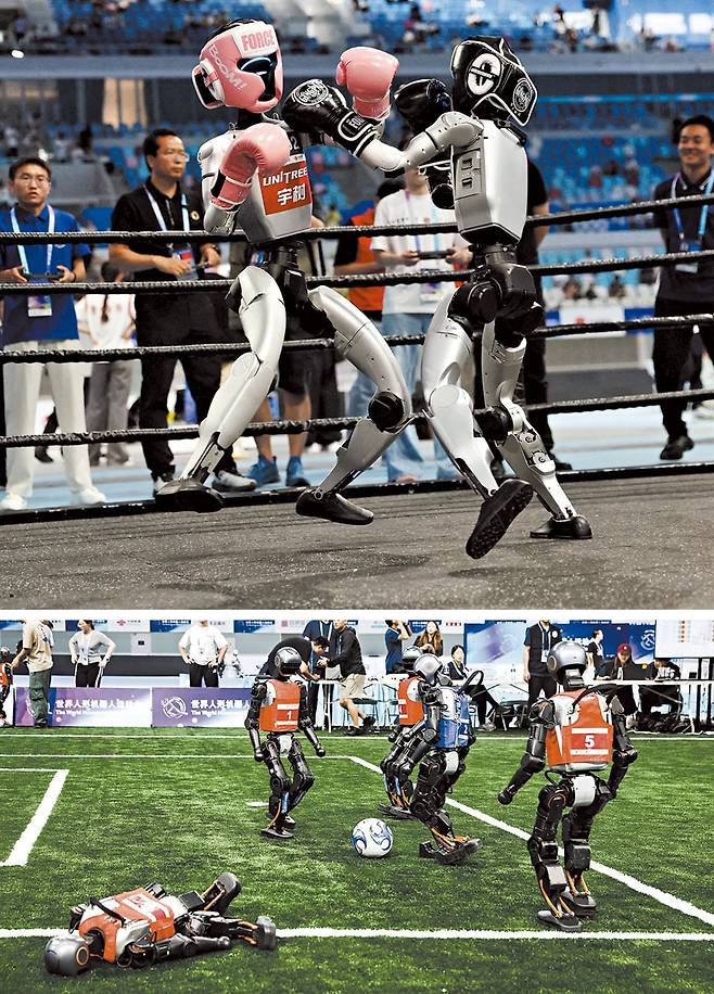 8월 중국 베이징에서 열린 '제1회 세계 휴머노이드운동회'의 모습. 킥복싱, 축구 등의 종목이 진행됐다. /로이터·EPA 연합뉴스