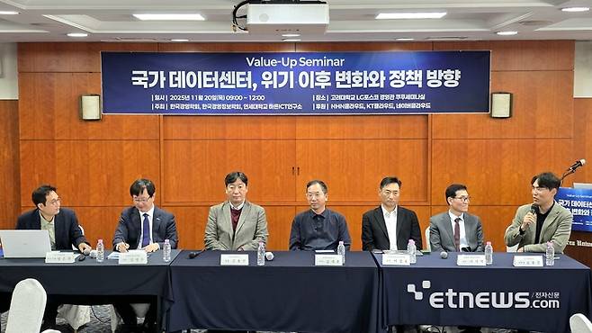 20일 고려대에서 한국경영학회, 한국경영정보학회, 연세대 바른 ICT 연구소 공동 주최로 열린 '국가 데이터센터, 위기 이후 변화와 정책 방향' 세미나 참석자들이 토론하고 있다. (왼쪽 두 번째부터) 김범수 연세대 바른ICT연구소장, 김용진 NHN클라우드 실장, 김지훈 네이버클라우드 리더, 이경호 고려대 교수, 이기혁 중앙대 교수, 공용준 KT클라우드 본부장. [사진=현대인 기자]