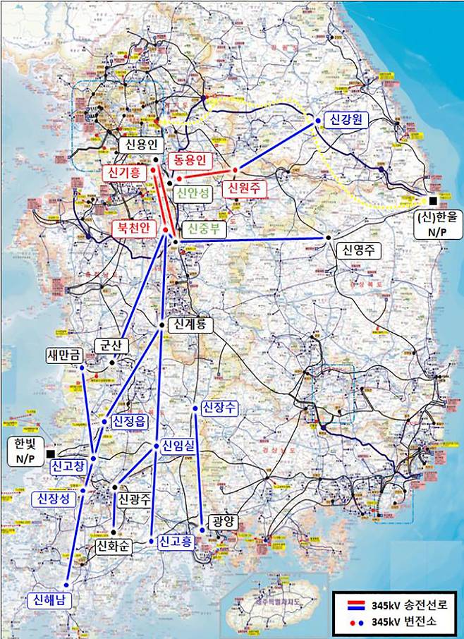 10차 전력수급기본계획 관련 주요 전력망 건설사업 지도. 전남·북과 경북, 강원의 전력이 모두 수도권으로 향하고 있다.