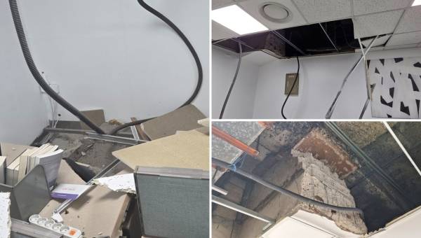 ▲2025년 10월20일 서울 여의도 KBS 신관 5층 회의실 천장이 붕괴돼 구조물이 떨어진 장면. 사진=전국언론노동조합 KBS본부