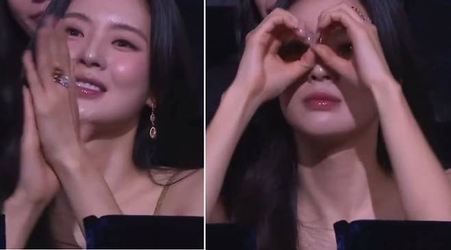 배우 이광수가 청룡영화상 시상자로 등장하자 8년째 공개 열애 중인 배우 이선빈이 유쾌한 반응을 보였다. /사진=KBS '제46회 청룡영화상' 방송화면