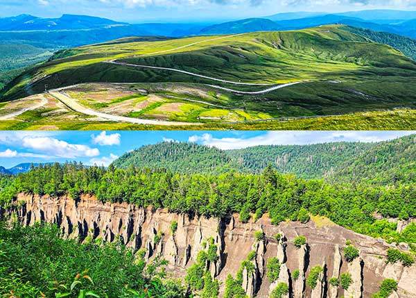 남파를 내려서며. 백두산은 하나의 뾰족한 산이 아니라, 여러 봉우리들이 모여 이룬 고원이다. 남파 입구의 압록강대협곡. 용암이 흐르다 굳은 절벽이 숲과 같아 '석림石林'이라 부른다.