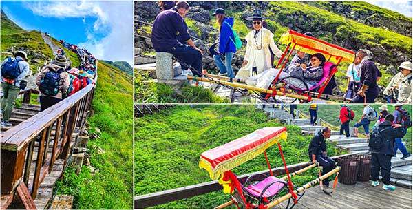 서파를 향하여. 주차장에서 천지까지 1,442개의 계단을 올라선다. / 어느 한국인 커플이 한복 차림으로 가마 타고 오르는 퍼포먼스를 하고 있다. / 아래는 손님을 기다리는 중국의 가마꾼. 비용은 8만 원이다.