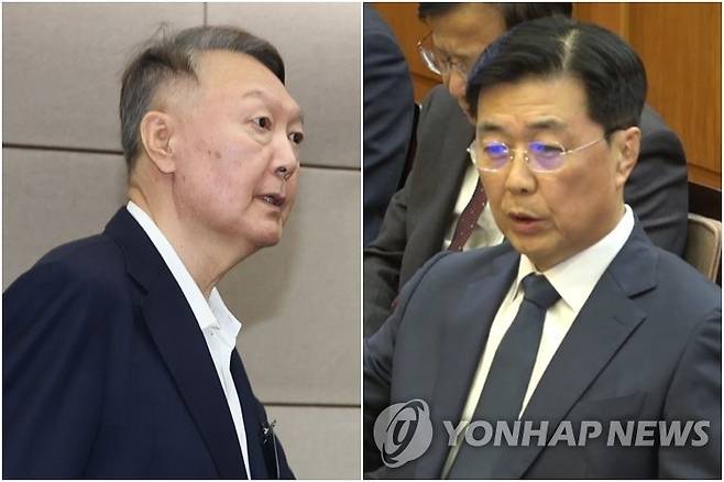 윤석열 전 대통령(왼쪽)과 홍장원 전 국가정보원 1차장 [사진공동취재단 제공] 2025.9.26 [헌법재판소 제공] 2025.2.20