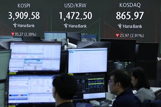 21일 오전 서울 중구 하나은행 딜링룸 전광판에 코스피, 코스닥과 원달러환율 시황이 나타나고 있다. 2025.11.21/뉴스1 ⓒ News1 구윤성 기자 /사진=뉴스1