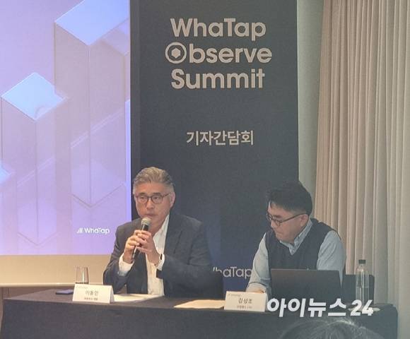 와탭랩스 이동인 대표(왼쪽)과 김성조 CTO가 20일 서울 삼성동 웨스틴 서울 파르나스에서 열린 기자 간담회에서 기자들의 질문에 답하고 있다. [사진=와탭랩스]