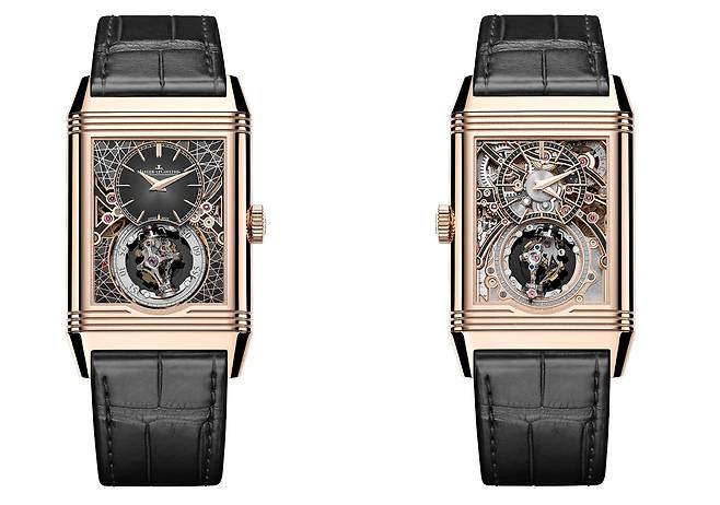 상단에는 시침과 분침, 하단에는 자이로 투르비용이라 불리는 4세대 다축 투르비용이 배치돼 있다. 투르비용의 회전은 케이스 앞뒷면 양쪽에서 볼 수 있다. 사진 예거 르쿨트르