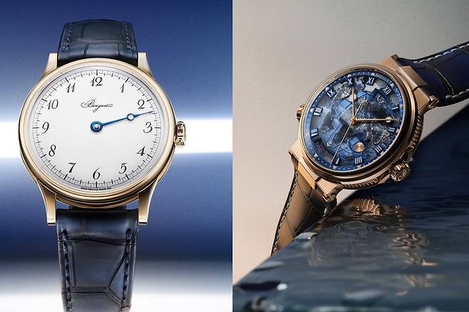 브랜드 설립 250주년을 맞아 브레게 선보인 기념 모델. 왼쪽은 클래식 서브스크립션 2025, 오른쪽은 마린 오라문디 5555다. 사진 브레게