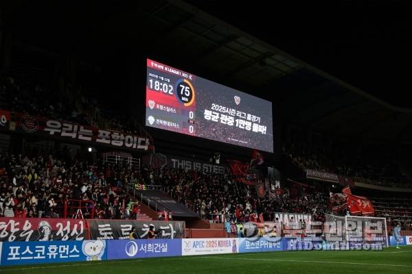 포항스틸러스가 22일 포항스틸야드에서 열린 전북현대와의 홈경기에서 유료 평균 관중 1만명을 돌파했다. 사진은 1만명 돌파를 알리는 전광판 화면. 사진=포항스틸러스 제공