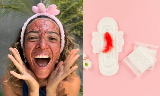 최근 SNS에서 여성들이 자신의 생리혈을 얼굴에 바르는 이른바 '월경 마스킹(menstrual masking)' 영상이 확산되며 논란을 일으키고 있다. 사진=자신의 생리혈을 얼굴 팩으로 활용하는 사라 솔 SNS/ 우측=게티이미지뱅크
