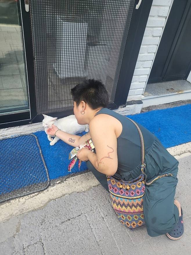 준이 고양이를 쓰다듬고 있다.