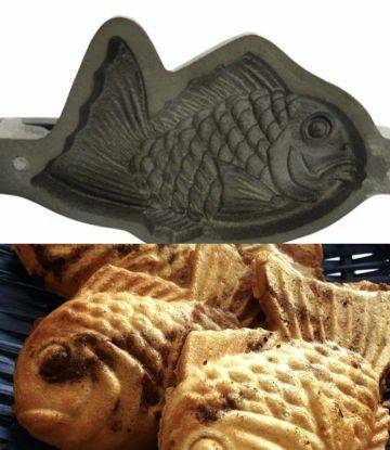 일본의 프리미엄 타이야키인 '천연 타이야키' 틀(위)과 실제 모습. 천연 타이야키는 수공예 틀 안에 장인이 반죽을 구워 한 개씩 비싼 가격에 제공한다는 특징이 있다. 라쿠텐 캡처