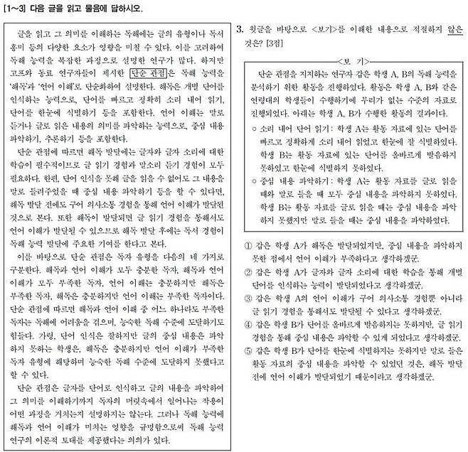2026학년도 대학수학능력시험 국어 영역 문제. 한국교육과정평가원 제공