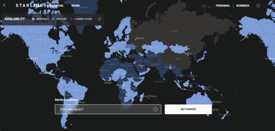 스타링크 접속이 가능한 지역(하늘)에 대한 전세계 지도. 사진 스타링크 공식 홈페이지 캡처