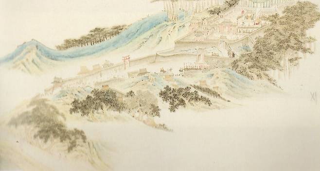 일본&nbsp;오키나와현립박물관·미술관 소장&nbsp;‘봉사류큐도’의 일부. 중국 사신단이 슈리성으로 입장하는 모습을 그렸다.&nbsp;