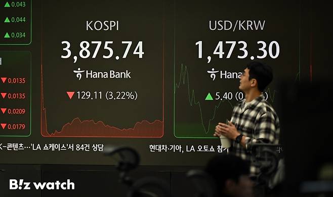 코스피가 뉴욕증시 급락 여파로 21일 하락 출발해 3900선이 무너지고 있다. 사진은 하나은행 딜링룸 모습./사진=이명근 기자 qwe123@