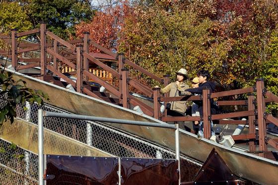 소중 학생기자단이 신공주(맨 왼쪽) 해설사와 함께 생태학습장에서 우리나라 여우의 생태적 특성을 살폈다.