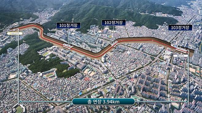 우이신설 연장선 노선 조감도. 우이신설 연장선에는 세개의 역(가칭 101·102·103호)이 들어선다. [서울시 제공]